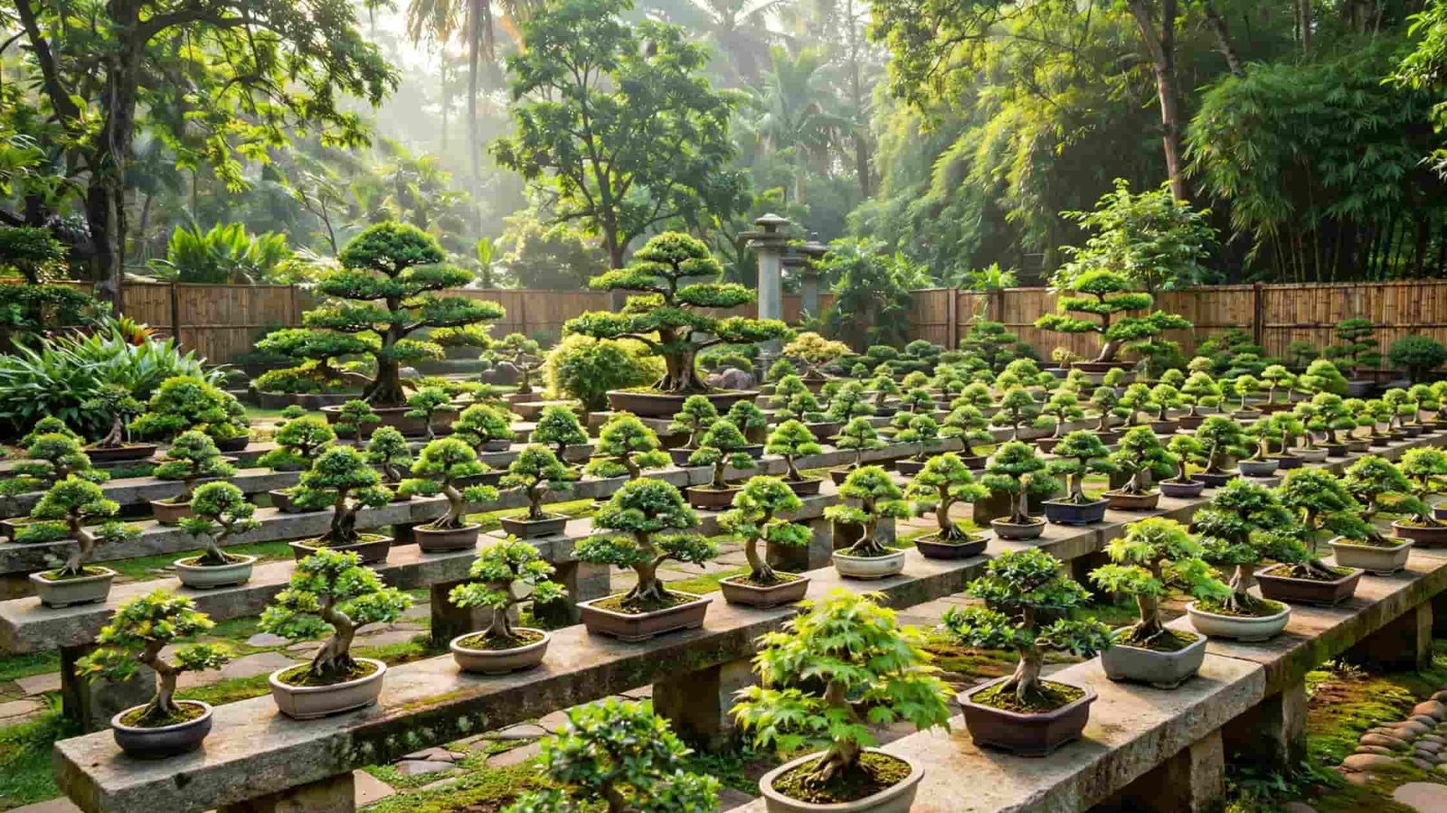 Bonsai Garden in Lalbagh Bangalore overview with bonsai trees in pots