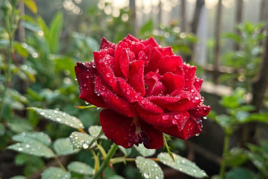 bangalore red rose with morning dew drops in lalbagh rose garden