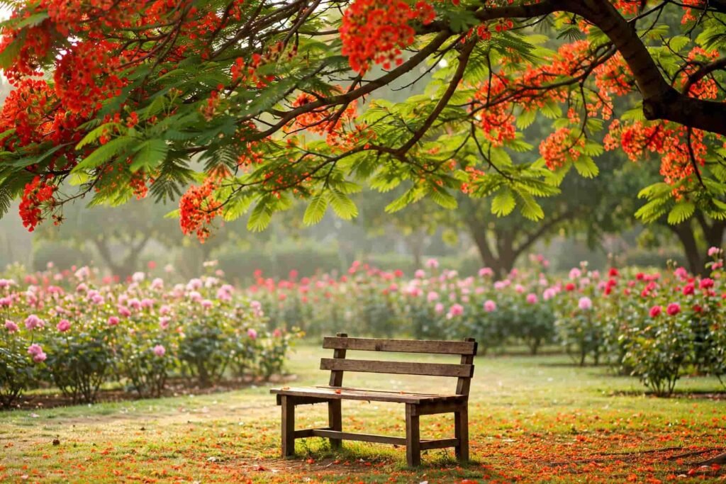wooden bench under gulmohar tree inside lalbagh rose garden peaceful morning
