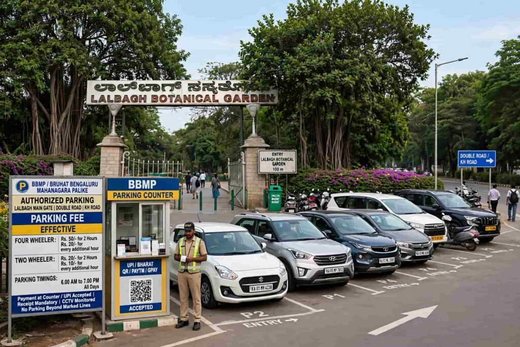 Authorized car parking at Lalbagh Main Gate Double Road KH Road with BBMP parking counter and fee board