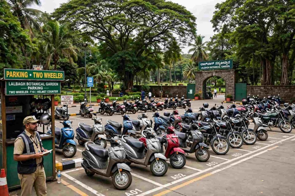Designated two wheeler bike and scooter parking area near Lalbagh Botanical Garden
