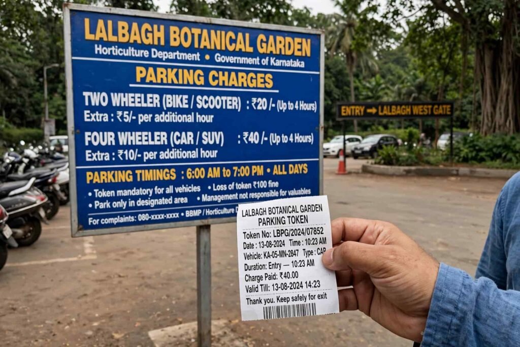 Lalbagh parking fee board and parking token receipt for car and bike parking charges