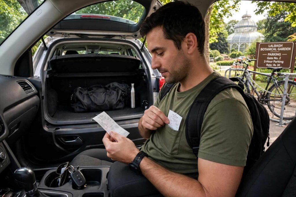 Visitor keeping valuables safely in car boot and holding parking receipt at Lalbagh Botanical Garden parking