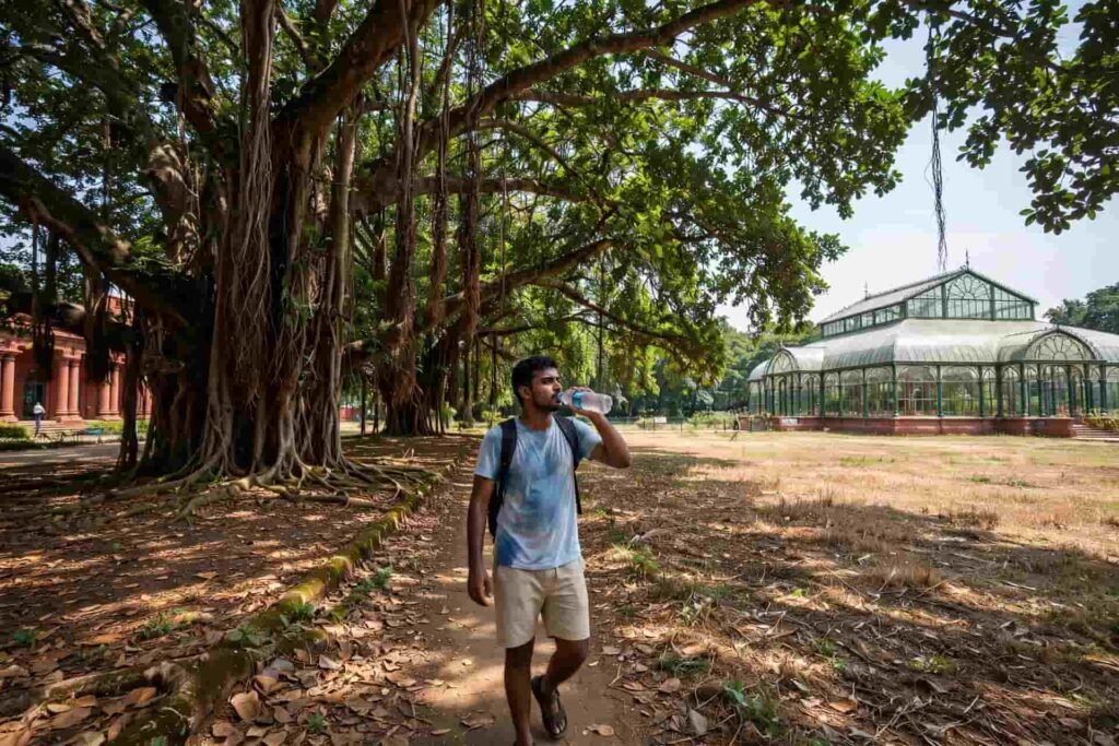 Lalbagh Botanical Garden in summer March to May - visitor drinking water under shade of big banyan tree near Glass House