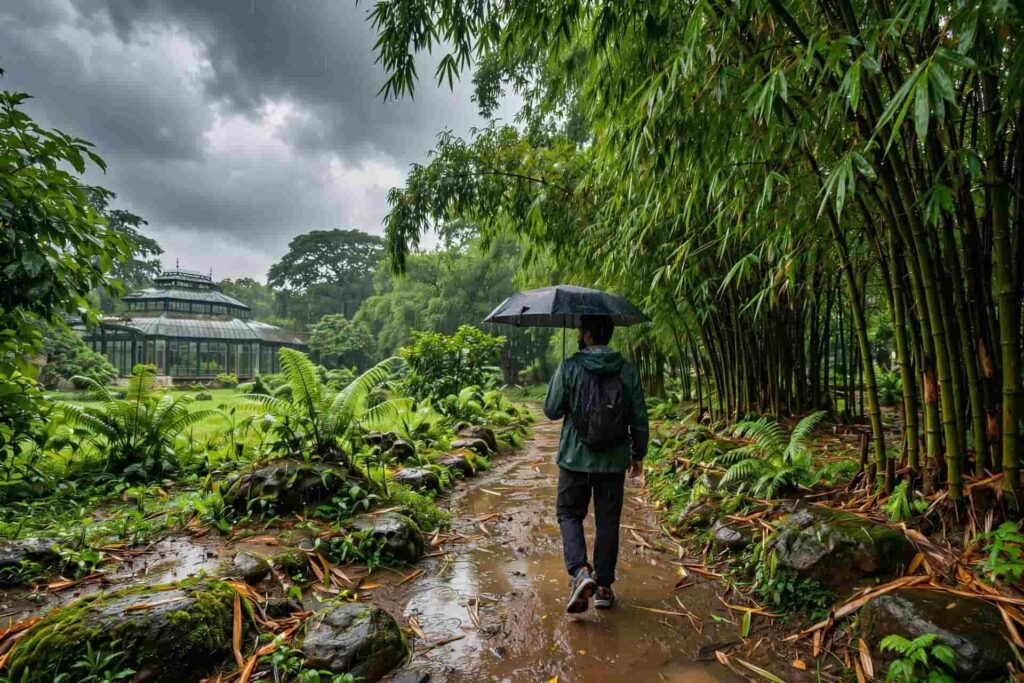 Lalbagh Botanical Garden during monsoon season July to September lush green bamboo grove in rain