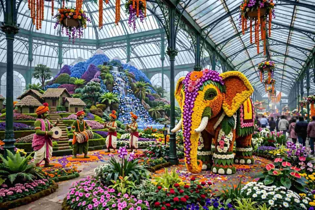 Lalbagh Flower Show 2026 inside Glass House with floral elephant and cultural decoration