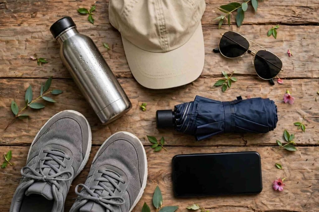 Essential things to carry for Lalbagh Botanical Garden visit - water bottle shoes umbrella