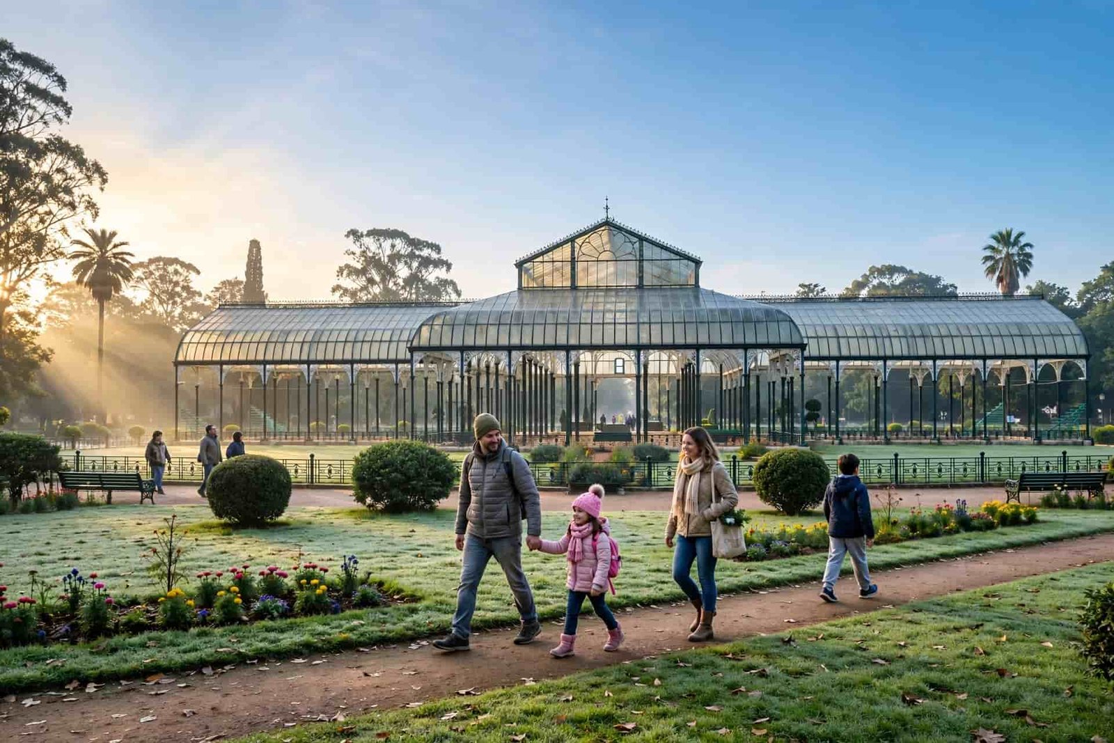 Best time to visit Lalbagh Botanical Garden - winter morning view of Glass House in December with family