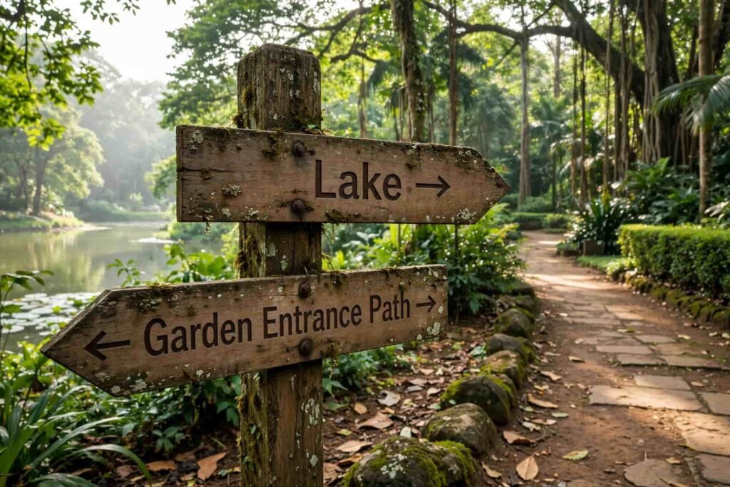 Wooden direction board inside Lalbagh Botanical Garden showing way to the lake