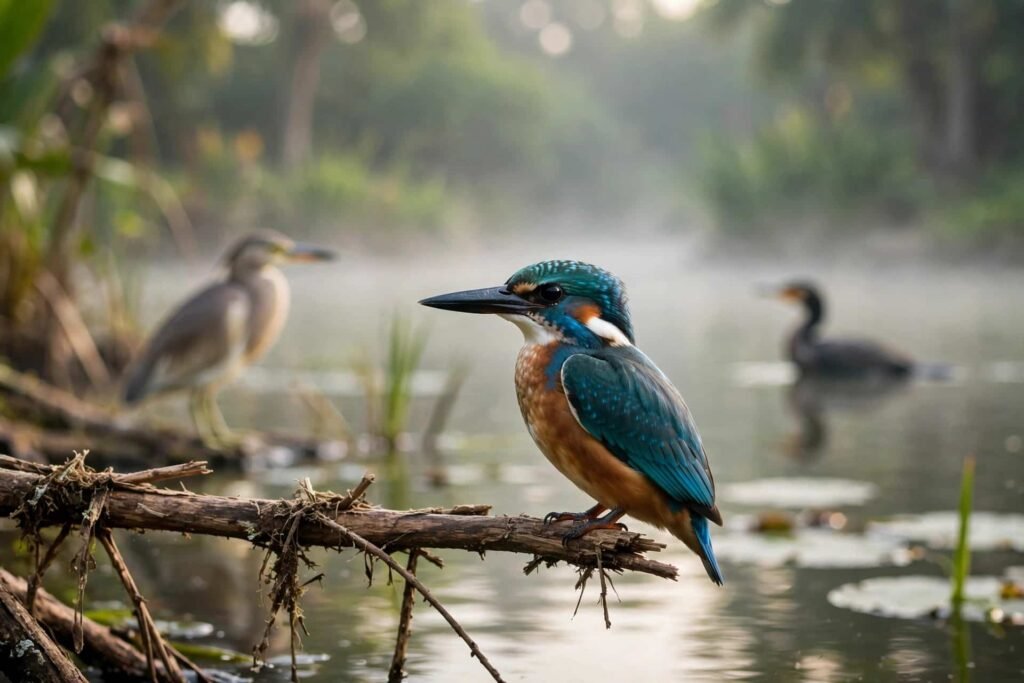 White-throated kingfisher perched on a branch at Lalbagh Lake with pond heron and little cormorant in background