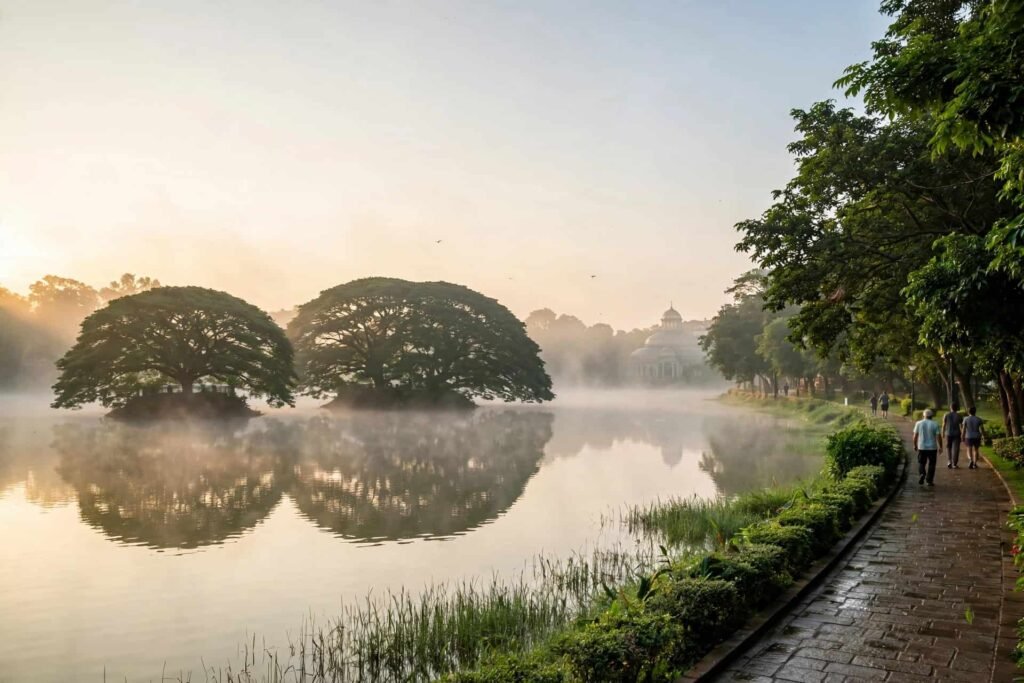 Early morning mist over Lalbagh Lake Bangalore at 7 AM with soft golden light