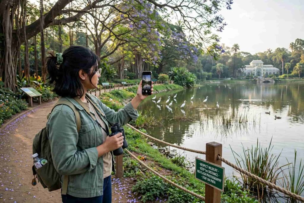 Tourist with binoculars doing responsible photography at Lalbagh Lake without disturbing birds