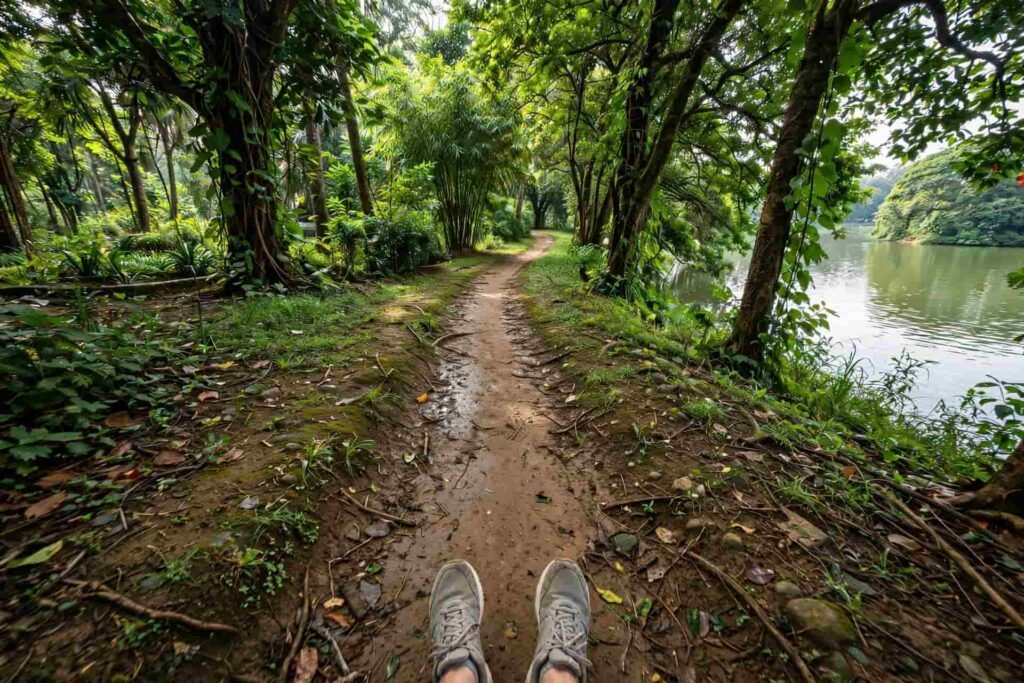 Walking path around Lalbagh Lake Bangalore surrounded by dense trees and greenery