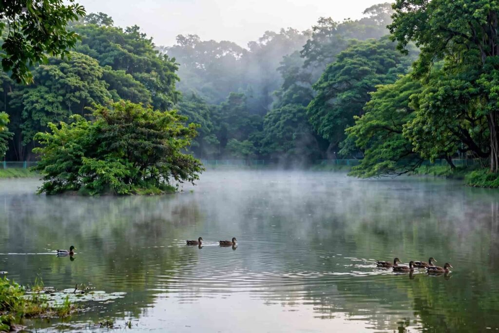 Lalbagh Lake peaceful view with trees and birds in Bangalore