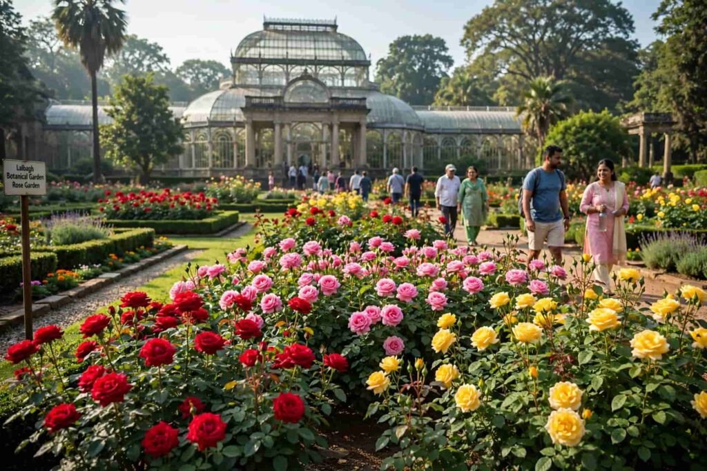 Rose Garden and flower beds in Lalbagh Botanical Garden Bangalore