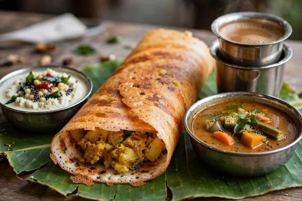 Authentic South Indian masala dosa with chutney sambar and filter coffee near Lalbagh