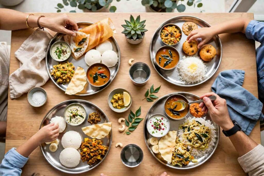 Family enjoying authentic South Indian thali meals at vegetarian restaurant near Lalbagh