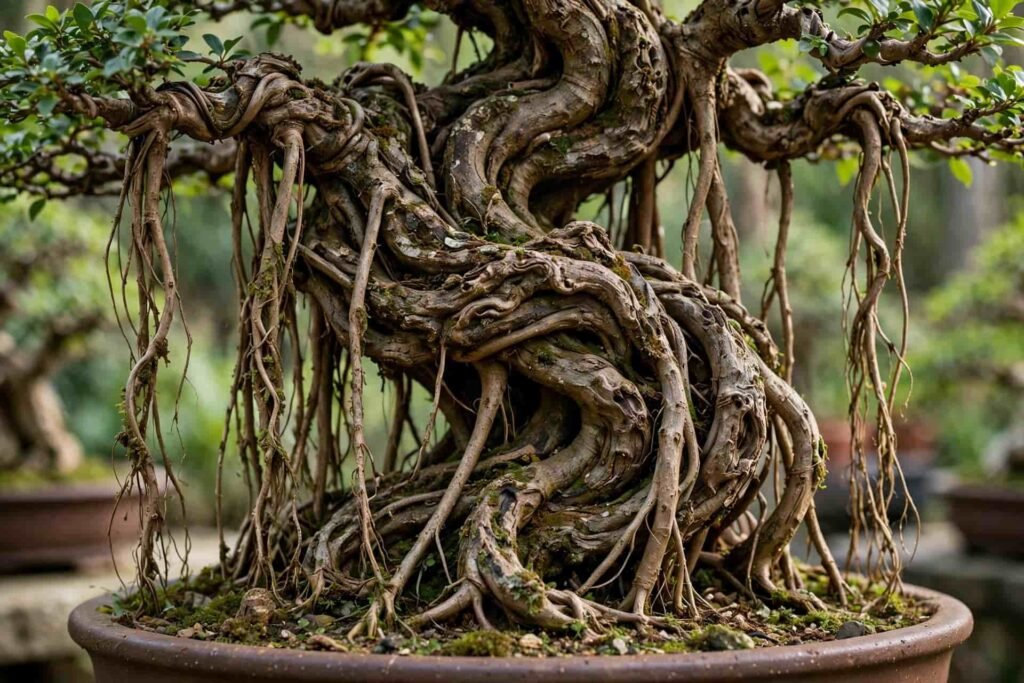 Ancient banyan bonsai tree with twisted aerial roots in Lalbagh garden