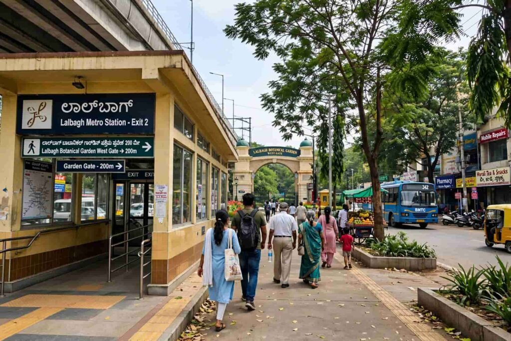 Walking route from Lalbagh Metro Station to West Gate