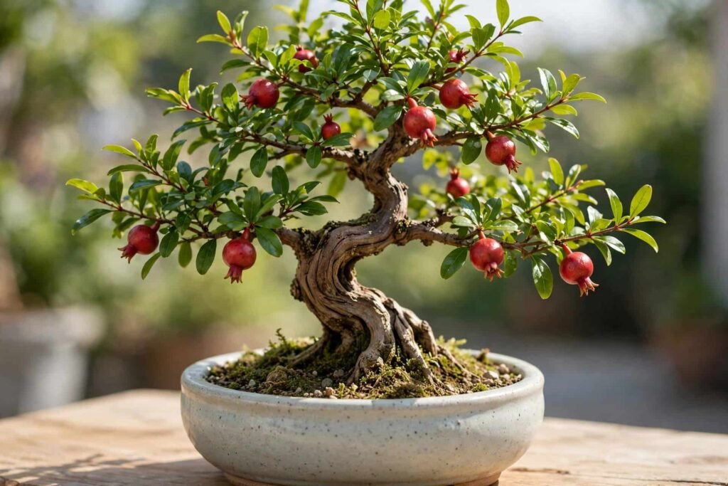 Pomegranate fruit bonsai tree with small fruits in ceramic pot