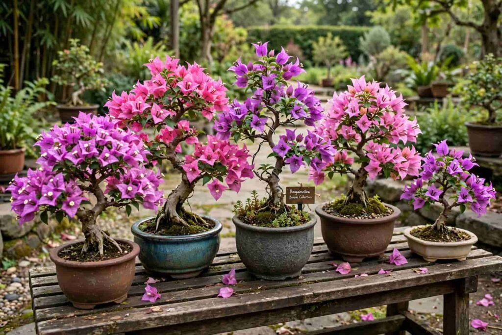 Colorful bougainvillea flowering bonsai collection in Lalbagh