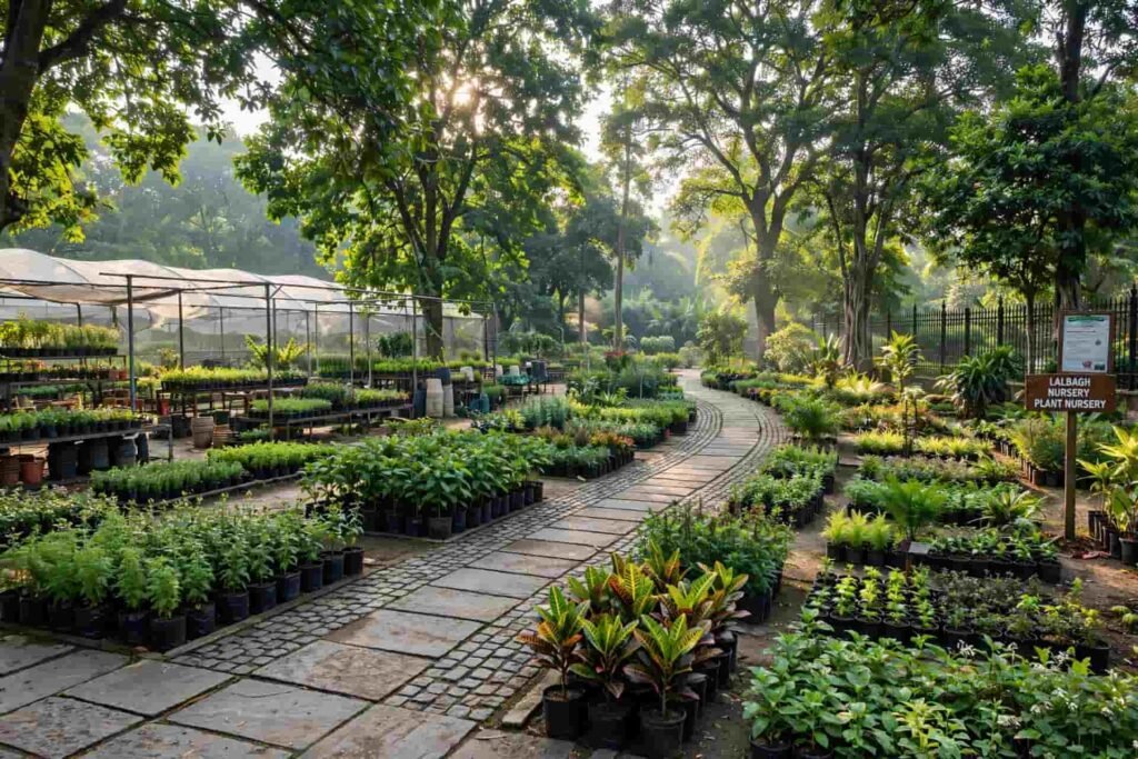 Lalbagh nursery plant collection and pathway in morning light