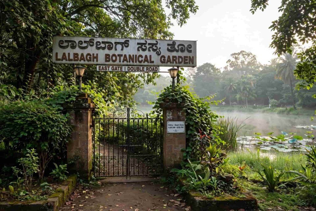 Lalbagh Botanical Garden East Gate Double Road quiet entrance near lake