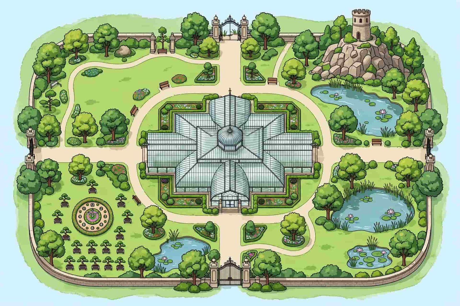 Lalbagh Botanical Garden Gates map showing 4 entry gates and Glass House location
