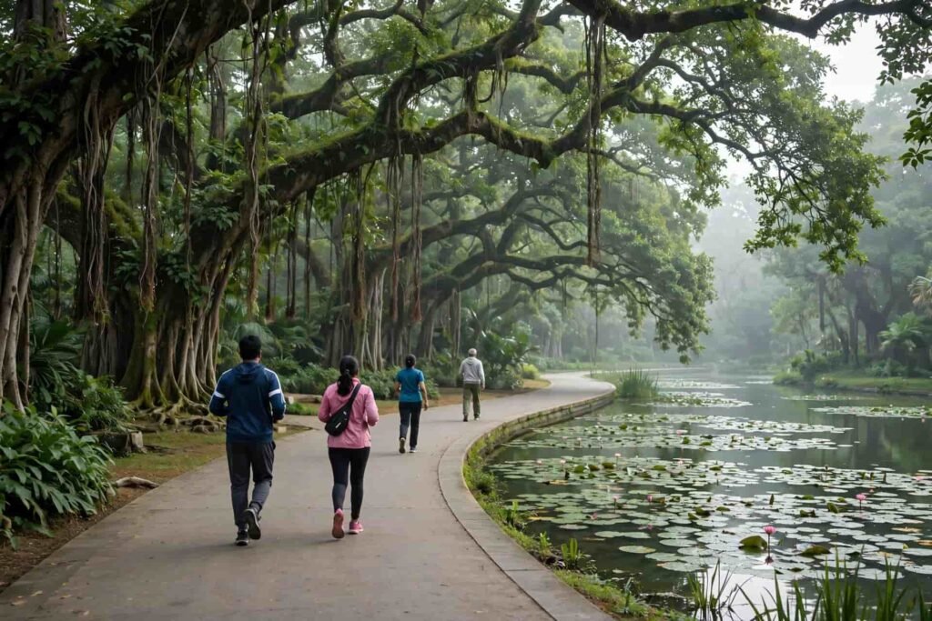 lalbagh botanical garden jogging track around lake with banyan trees