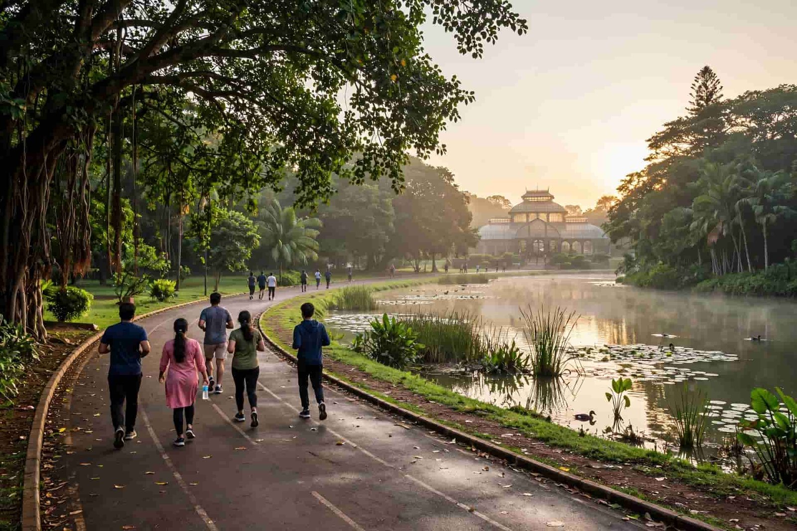 lalbagh botanical garden morning walk at sunrise with joggers around lake